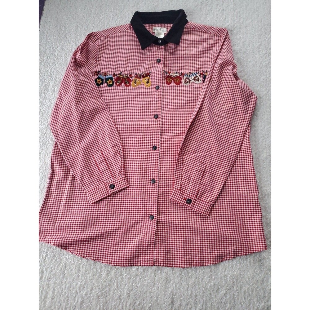 Bobbie Brooks 14W-16W Red White Gingham Velour Collar Buttons Long Sleeve Shirt